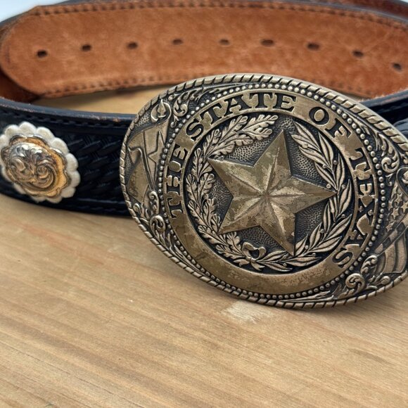 The State of Texas Lone Star Brass Belt Buckle with Brown Belt Southwestern size